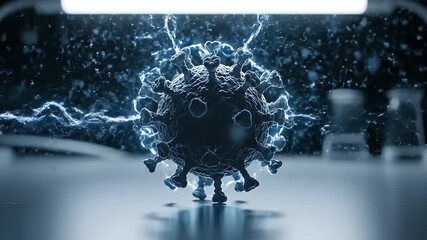 Microscopic View of a Coronavirus Particle Undergoing Energy Field in Laboratory Setting - Powered by Adobe