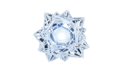 A striking, crystalline, star-shaped form radiates ethereal light against a dark background.