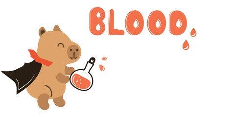 Halloween sign with capibara cartoon, blood bottle, and hand written fonts icon sign isolated on white background vector.