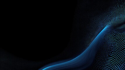 Digital blue dots flow on a black background, creating a smooth, flowing wave effect. Some dots glow, highlighting the wave's curves and depth