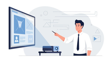 Business Presentation Illustration With Projector And Modern Designer, Vector Illustration
