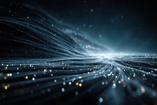 Futuristic digital surface with glowing lines and particles on abstract data stream background - Powered by Adobe