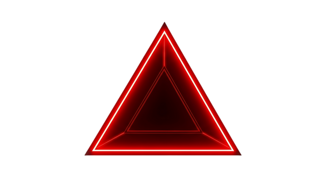 A vibrant, geometric triangle shape glows with bright red neon lights against a black background.