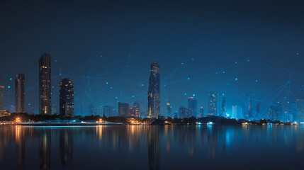 Fototapeta premium Twilight in the Smart digital Innovation city with connection network reciprocity over the cityscape. of future smart wireless digital city and social media networking systems that connects people