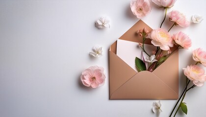 Elegant Flat Lay Of An Envelope And Delicate Flowers On A Clean White Background Perfect For Invitations Greetings Or Romantic Messages