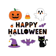 Cute Happy Halloween Spooky Skeleton Pumpkin Trick or Treat Skull and Bat Illustration