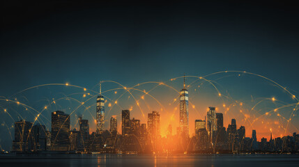 Twilight in the Smart digital Innovation city with connection network reciprocity over the cityscape. of future smart wireless digital city and social media networking systems that connects people