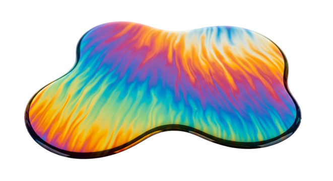 A vibrant, multicolored, abstract shape displays a mesmerizing interplay of hues and patterns on a dark background.