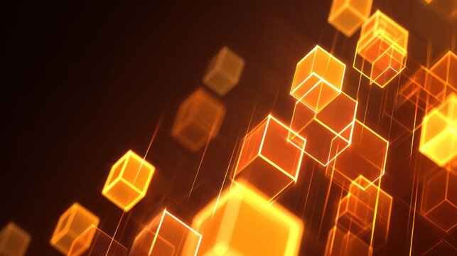 Abstract glowing orange cubes float diagonally against a dark background, creating a depth of field blur. Cubes appear wireframe and luminous