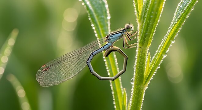 Small dragonfly perched on blade of grass in morning light.