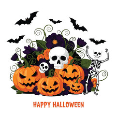 Cute Happy Halloween Spooky Skeleton Pumpkin Trick or Treat Skull and Bat Illustration