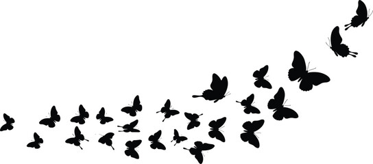 Butterfly silhouettes flying upward in curved formation, black insect vector illustration, decorative butterfly swarm in motion, isolated wildlife design element
