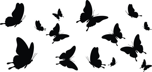 Butterfly silhouettes flying in scattered formation, black insect vector illustration of wild butterflies in motion, isolated decorative swarm design artwork © Kartik Creative
