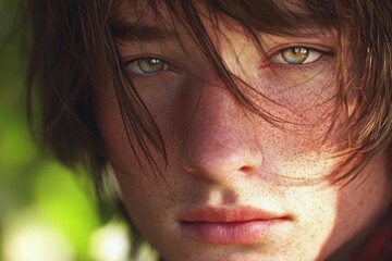 An avatar of a boy with light brown hair, featuring bangs and a side part, showcasing detailed skin texture, with a background in a hyper-realistic photography style under sunlight.