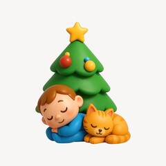 Child and cat Christmas illustration.