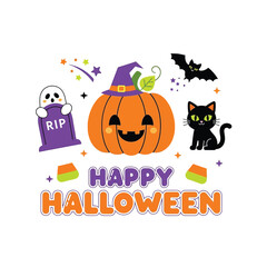 Cute Happy Halloween Spooky Skeleton Pumpkin Trick or Treat Skull and Bat Illustration