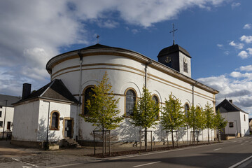 Exterior view of the 19th century Catholic church of Sainte-Walburge in Chiny, Luxembourg Province...