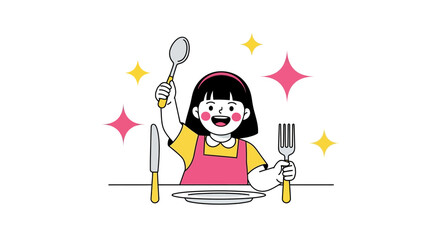 Cheerful Girl Ready To Eat, Celebrating Dinner, Table Prepared, Vibrant Illustration