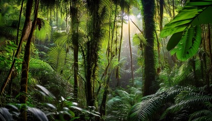 Fototapeta premium Dense Tropical Rainforest With Lush Vegetation And Vibrant Life