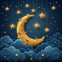 A cute night scene with blue sky, clouds, golden stars, and a moon garland.