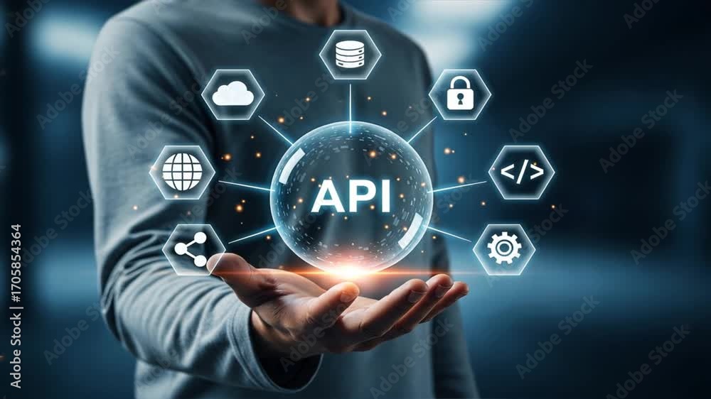 Wall mural a man holding hand up with glowing api sphere surrounded by api icons, application programming inter