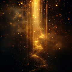 Abstract glowing vertical golden light lines on a dark background, accented with sparkles and a radiant effect. A luxurious design with copy space for text.

