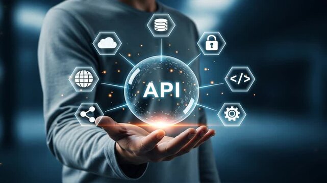 A man holding hand up with glowing api sphere surrounded by api icons, application programming interface, api programming