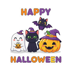 Cute Happy Halloween Spooky Skeleton Pumpkin Trick or Treat Skull and Bat Illustration