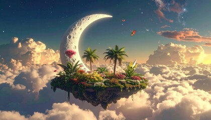 Dreamy Pixel Art Island Floating on Clouds with Crescent Moon at Sunset, Featuring Tropical Plants, Colorful Flowers, and Soft Golden Light