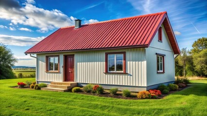 Obraz premium Charming Suburban Cottage with Red Roof and Lush Landscaping under a Sunny Sky