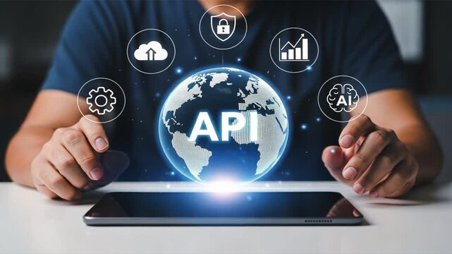 A man hovering a hands over tablet with glowing api globe and icons, security and analytics, application programming interface, api programming