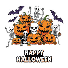 Cute Happy Halloween Spooky Skeleton Pumpkin Trick or Treat Skull and Bat Illustration