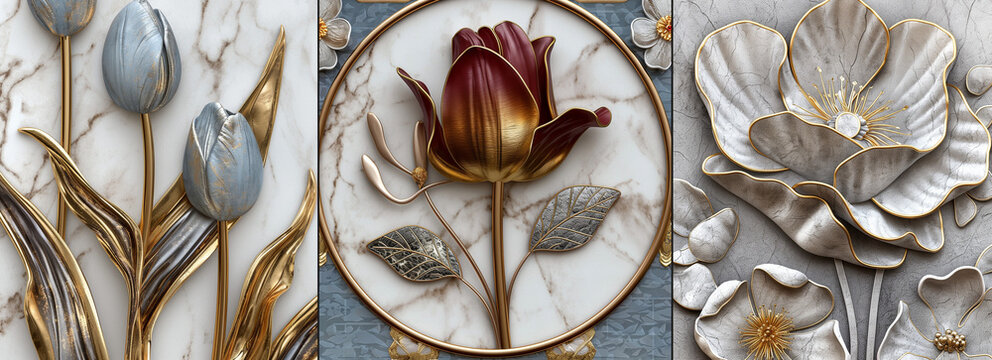 A triptych of digital artworks depicting stylized floral compositions rendered in 3D in metallic gold, copper, and silver tones on a marble background. 