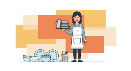 Cheerful Server Holding Dishes and Pitcher Ready to Serve in a Modern Restaurant Setting