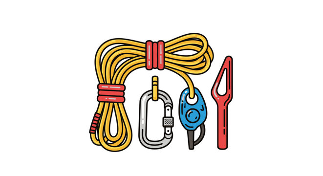 Colorful Climbing Gear Illustration Set with Rope Carabiner and Belay Device.