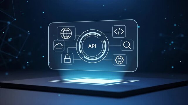 A futuristic holographic api circle with glowing icons floating in dark workspace, application programming interface, api programming