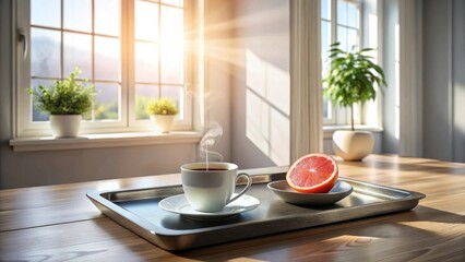 Morning sunlight streams through windows illuminating a steaming cup of coffee and a grapefruit half on a tray