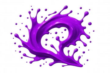Vivid purple liquid splashing, creating dynamic swirls and droplets against a transparent background