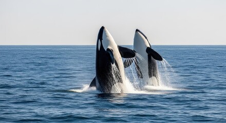 Fototapeta premium Orcas breach surface, black and white bodies rise from ocean, spray flying