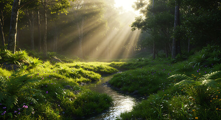 Obraz premium Beautiful sunbeams shine down on a clear stream flowing through a lush green meadow, creating a magical and peaceful scene in pristine nature.