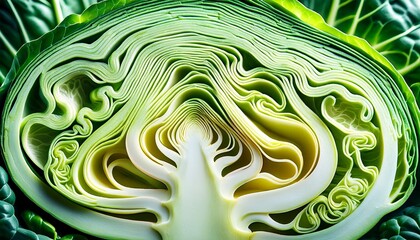 Obraz premium Cross Section Of A Green Cabbage Revealing Intricate Leaf Structure And Vibrant Colors