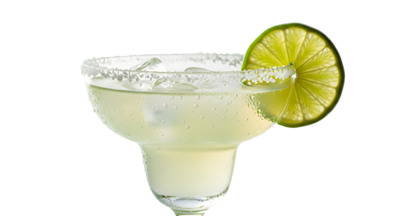A close-up view of a refreshing margarita cocktail, garnished with a lime slice, in a chilled glass with a sugared rim.