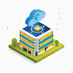 Fototapeta premium Data Transfer, Cloud Storage, Modern Building, Infographic, Digital, Aerial View, Cybersecurity