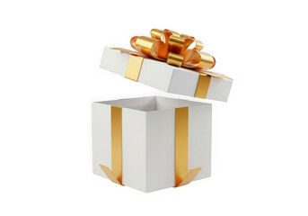 Open white gift box with golden ribbon and bow presenting a surprise transparent background