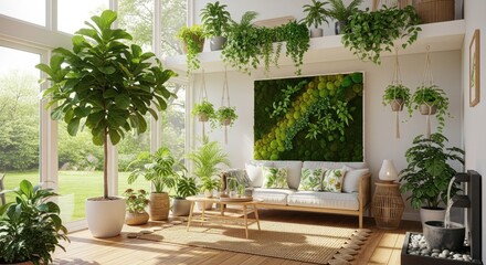 Indoor plants arranged with greenery, sofa and decor create a tranquil interior. Indoor plants bring touch of nature indoors. Living room boasts many houseplants,