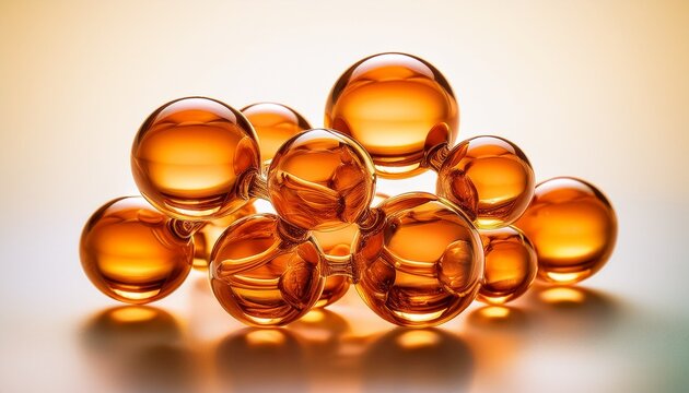 Coq10 Molecule Depicted As Vibrant Orange Glass Spheres In Compact Formation Against A Soft Cream White Background Symbolizing Antioxidant Power