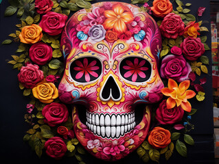 Street art mural of  a pink Día de Muertos skull, surrounded by roses - bright graffiti, contemporary urban wall.