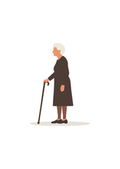 Flat vector silhouette of old woman with bun hairstyle using stick standing in relaxed posture