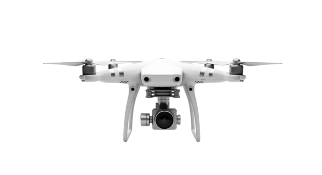 A pristine white drone is prominently displayed against a stark black background.