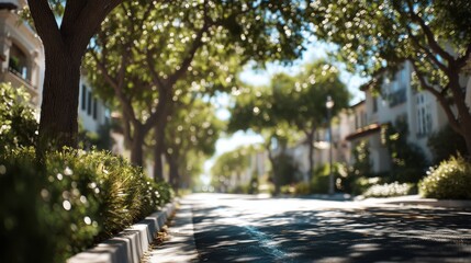 A sunlit residential street lined with trees and greenery, creating a peaceful and shaded urban environment.